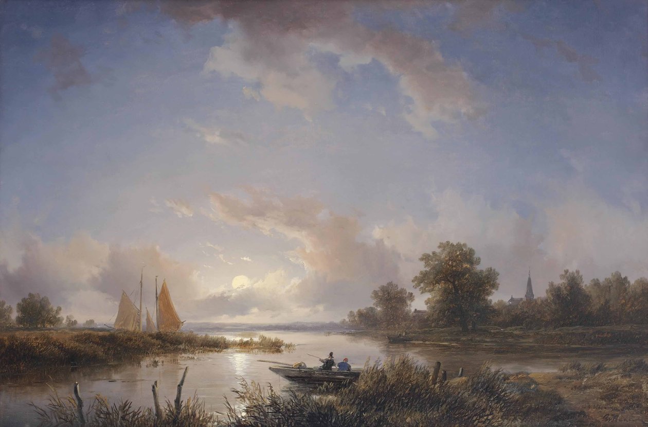 Kalastajat soutuveneessä hämärässä tekijältä Remigius Adrianus Haanen