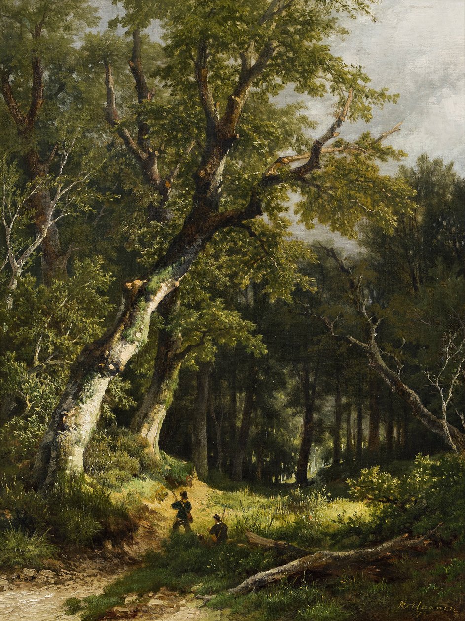 Metsäinen maisema ja kaksi metsästäjää tekijältä Remigius Adrianus Haanen
