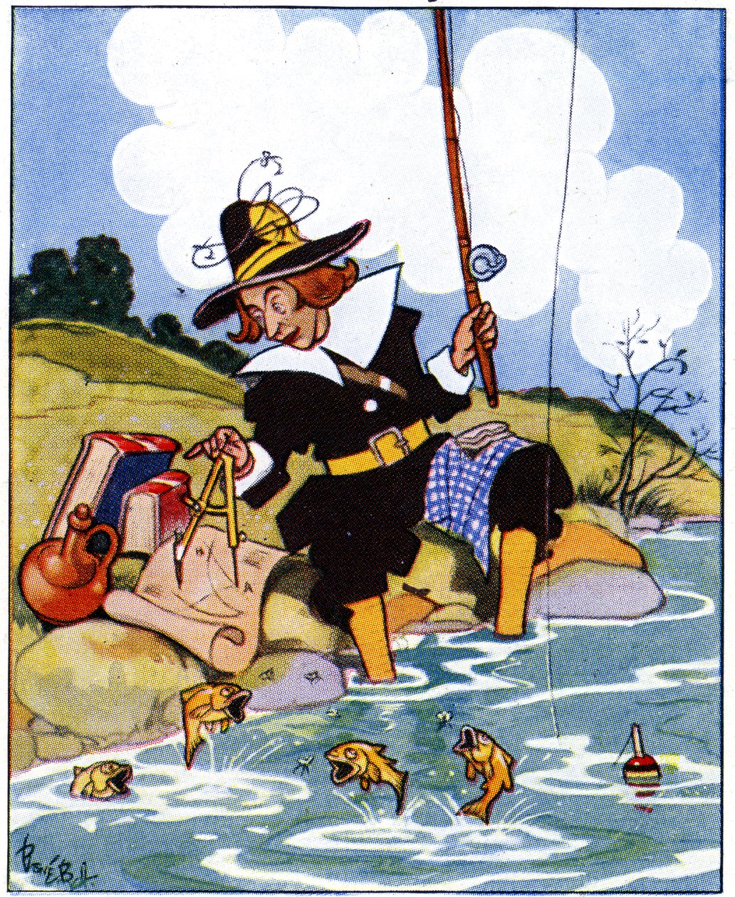 Izaak Walton tutkii Eukleideen kulmia kalastuksen aikana, 1936 tekijältä René Bull