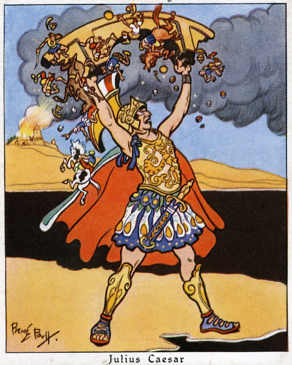 Julius Caesar "heittämässä" siltaa Reinin yli, 1936 tekijältä René Bull