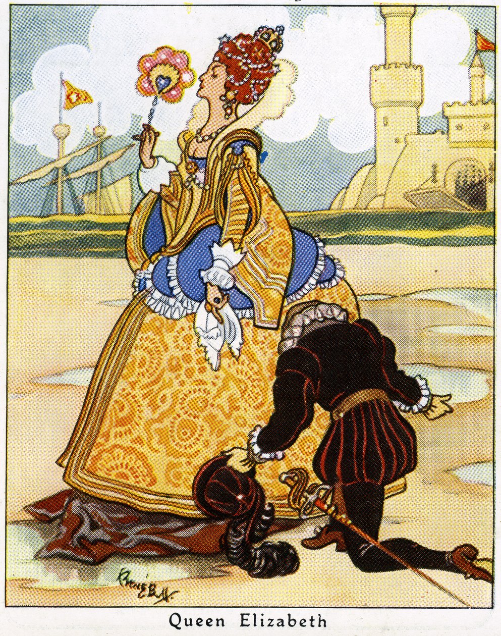 Sir Walter Raleigh laskee viittansa kuningatar Elizabeth I:n eteen kävelläkseen lätäkön yli, 1936 tekijältä René Bull