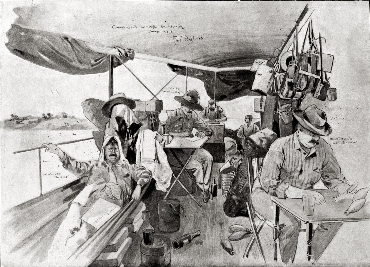 War Correspondents on the Road to Khartoum, painettu mustavalkoisena, 20. elokuuta 1898 (litografia) tekijältä René Bull