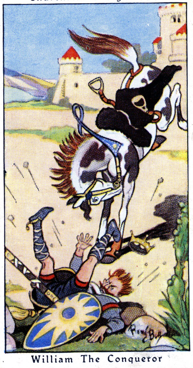 William Valloittaja putoaa hevoseltaan 9. syyskuuta 1087 Saint-Gervaisissa lähellä Rouenia, Normandiassa, 1936 tekijältä René Bull