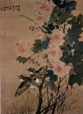 Linnut kukkivan pensaan päällä (muste ja wc paperilla) tekijältä Ren Yi 1840 96 Ren Yi 1840 96
