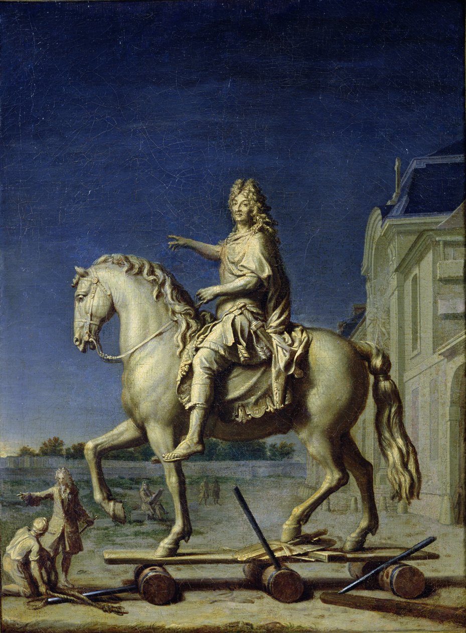 Ludvig XIV:n ratsastajapatsaan kuljettaminen Place Vendomelle vuonna 1699, vuoden 1669 jälkeen. tekijältä René Antoine Houasse