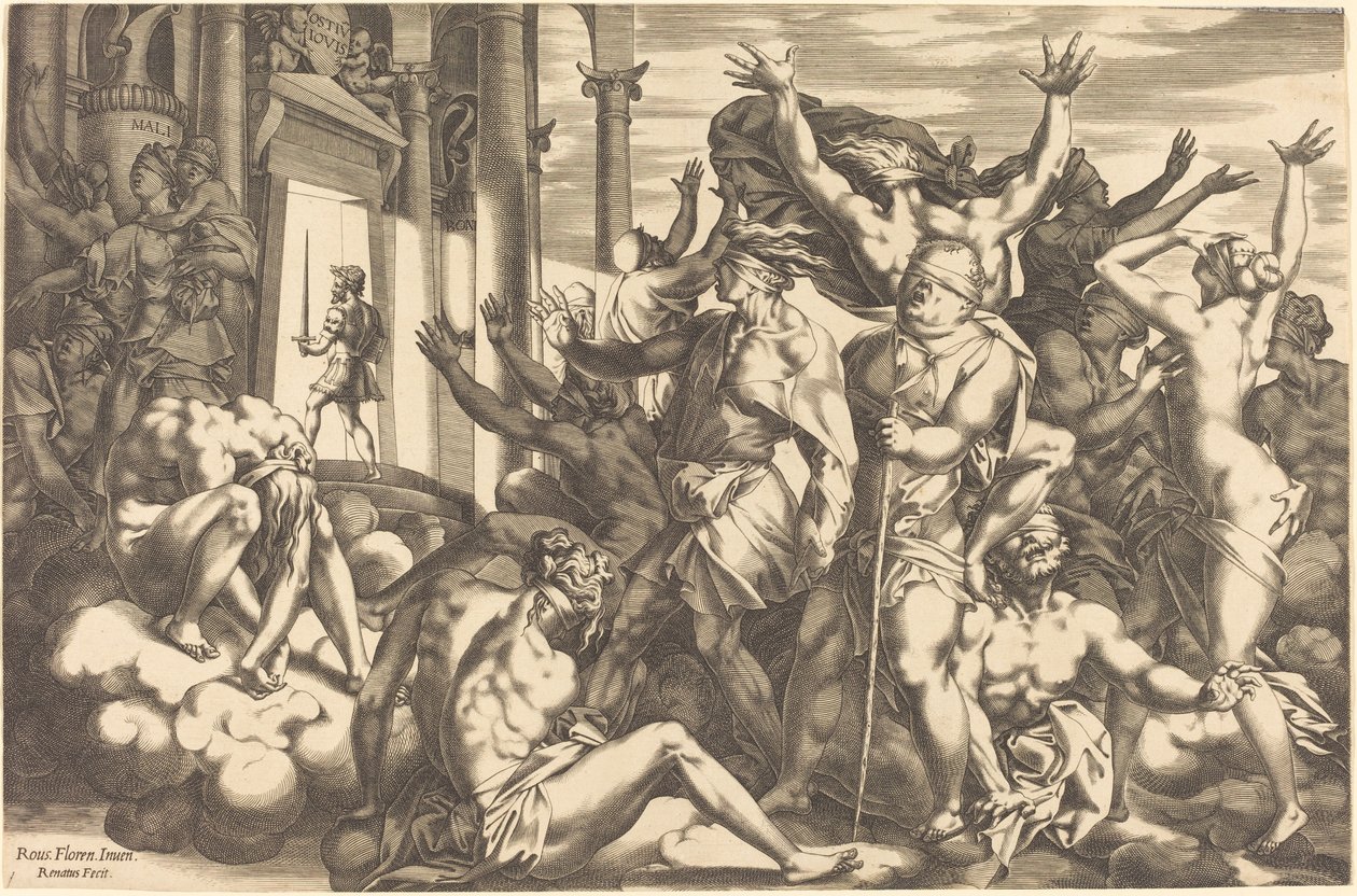 Tietämättömyyden valloitus tekijältä René Boyvin after Rosso Fiorentino