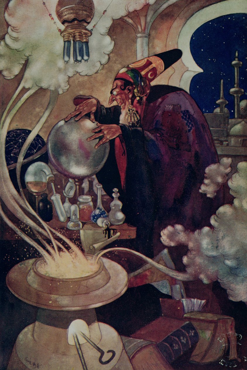 "Pitkän ja huolellisen maagisten tutkimusten jälkeen" teoksesta "The Arabian Nights" (värilitho) tekijältä René Bull