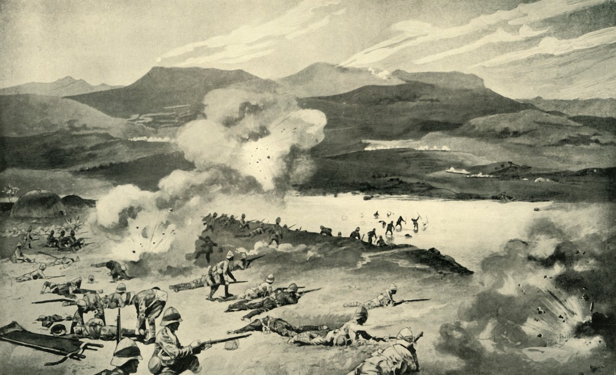 "The Battle of Colenso - Dublin Fusiliers -yritys Ford the Tugela", 1900 tekijältä René Bull