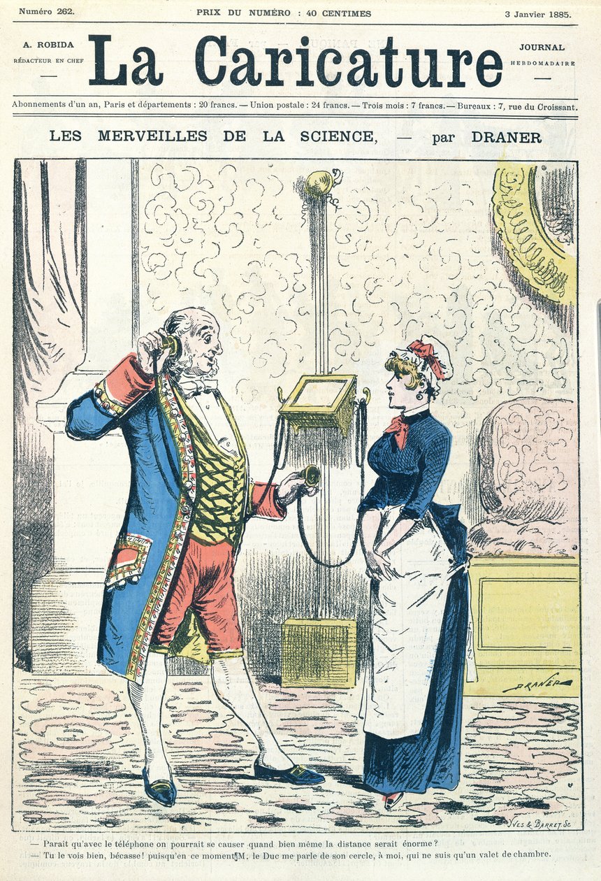 Puhelin, kuvitus teoksesta "La Caricature", kaivertanut Yves und Barret, 3. tammikuuta 1885 tekijältä Renard Jules Draner