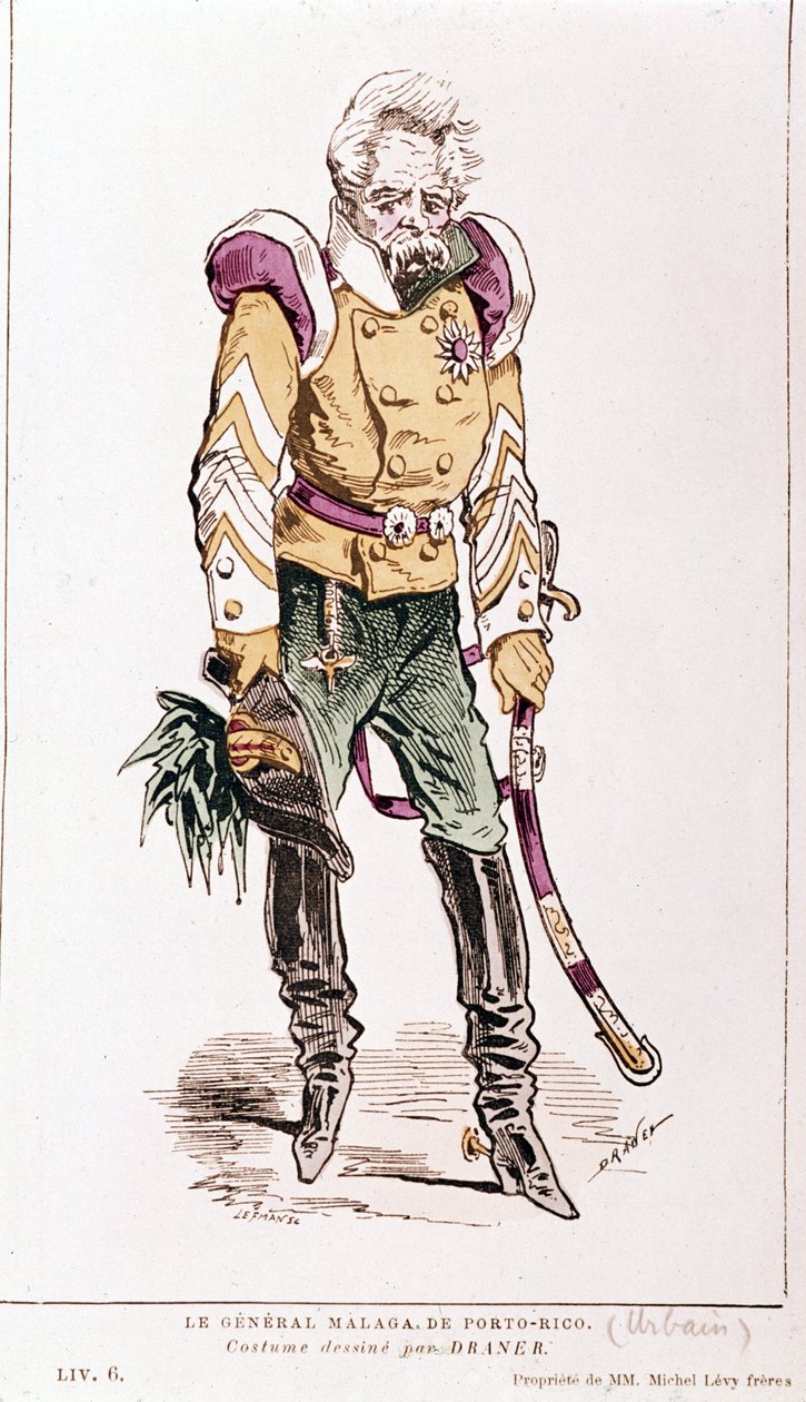 Jacques Offenbach: "Pariisilainen elämä". Puerto Ricon kenraali Malaga, Dranerin puku. 1866. tekijältä Renard Jules Draner