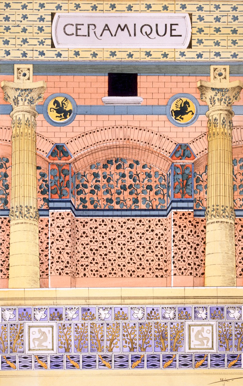 Keramiikka: kaakeloitujen seinäkaavioiden mallit, julkaisusta "Decorative Sketches", n. 1895 tekijältä Rene Binet