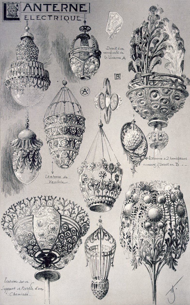Lyhtyvarusteet sähkövalaistukseen, julkaisusta "Decorative Sketches", n. 1895 tekijältä Rene Binet