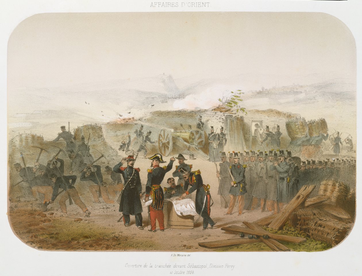 Kaivon rakentaminen Sebastopolin eteen, 10. lokakuuta 1854, 1854 (värilitografia) tekijältä Rene Demoraine