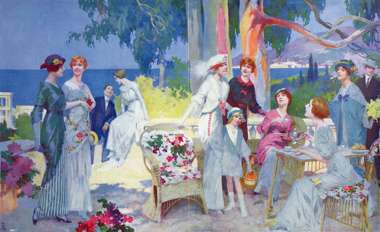 Teekutsut puutarhassa Ranskan Rivieralla, kuvitus "La Vie Heureusesta", maaliskuu 1913 tekijältä Rene Lelong