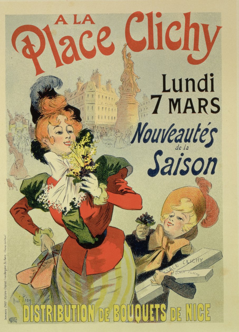 Jäljennös julisteesta, joka mainostaa kauppaa "A La Place Clichy", 1898 tekijältä Rene Pean