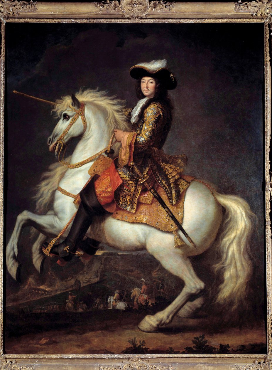 Ludvig XIV:n (1638-1715) ratsastusmuotokuva. Boot shortsit. Rene Antoine Houassen (1645-1710) maalaus 1600-luvun aurinko. 2,55 x 2 m tekijältä René Antoine Houasse