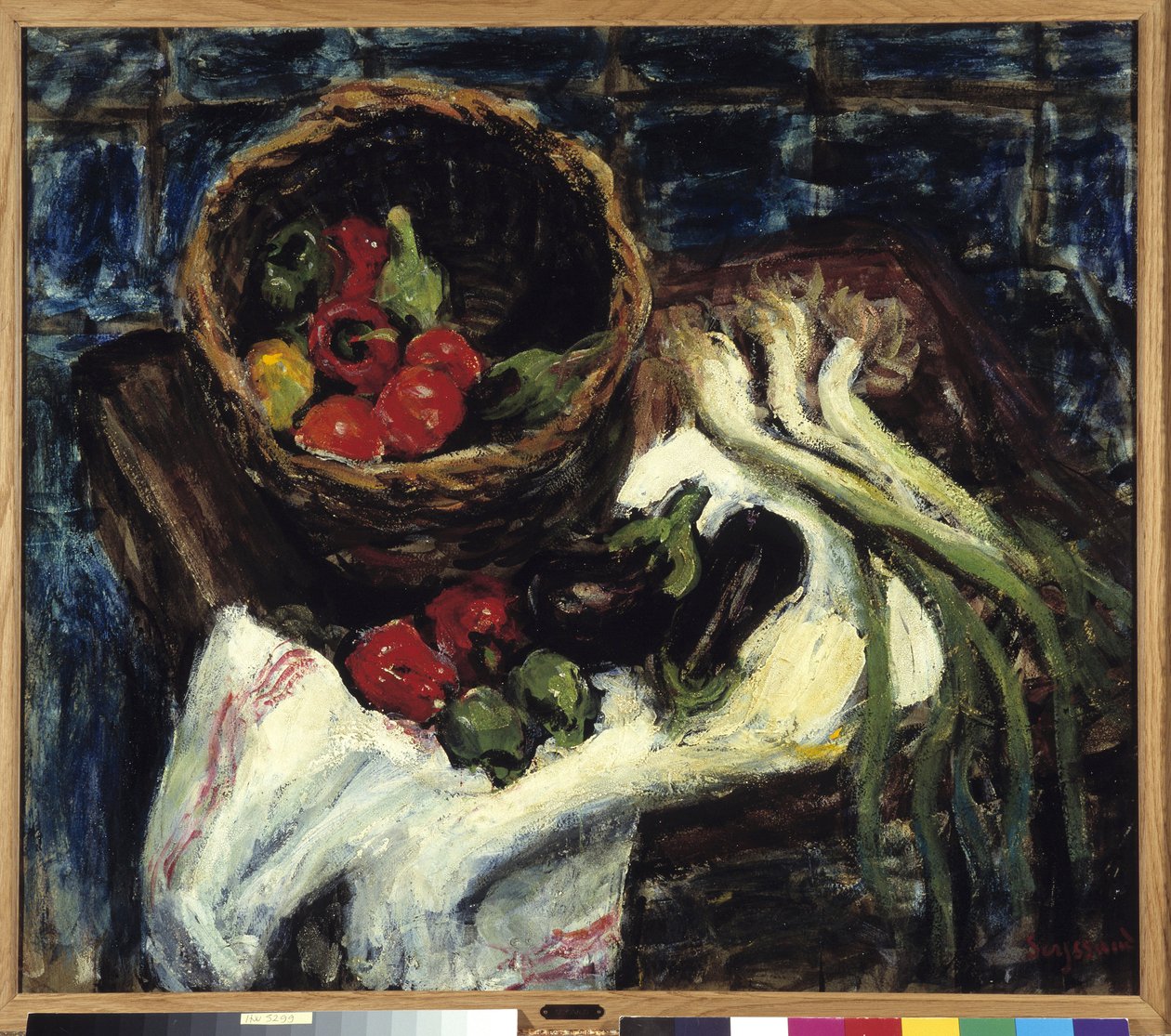 Asetelma kasviskorissa Paprika, munakoiso ja purjo (öljy kankaalle) tekijältä Rene Auguste Seyssaud