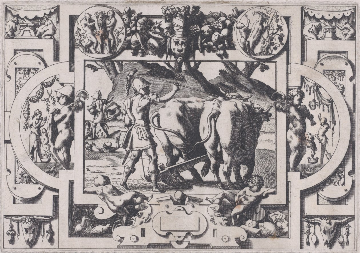 Jason kylvää lohikäärmeen hampaat Jason kesyttää heidät ja kahlitsee heidät ja kyntää heidän f..., 1563. tekijältä Rene Boyvin