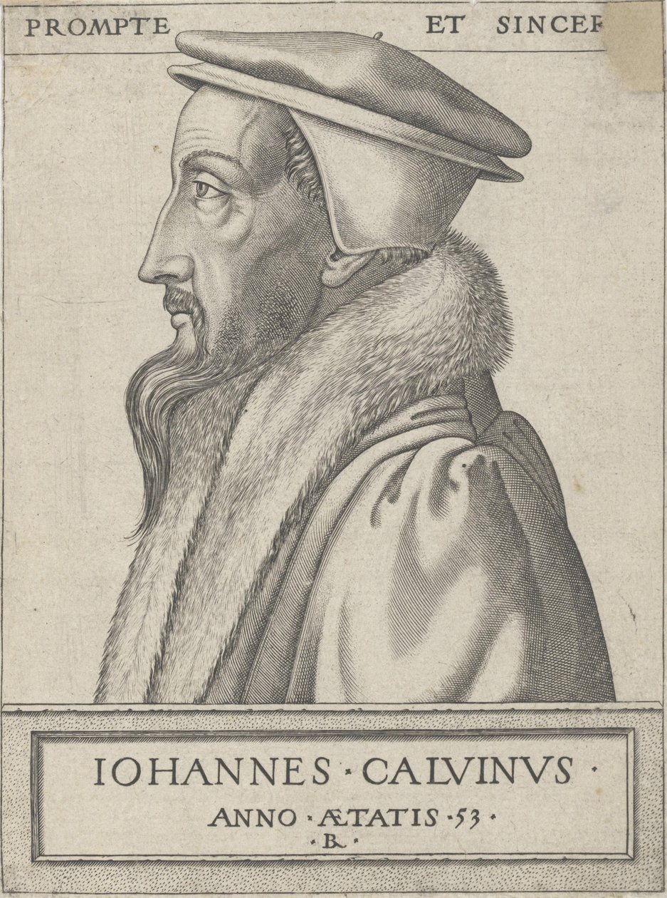 Jean Calvin (1509 - 1564), teologi ja protestanttisen uskonpuhdistuksen päävoima, 53-vuotias tekijältä Rene Boyvin