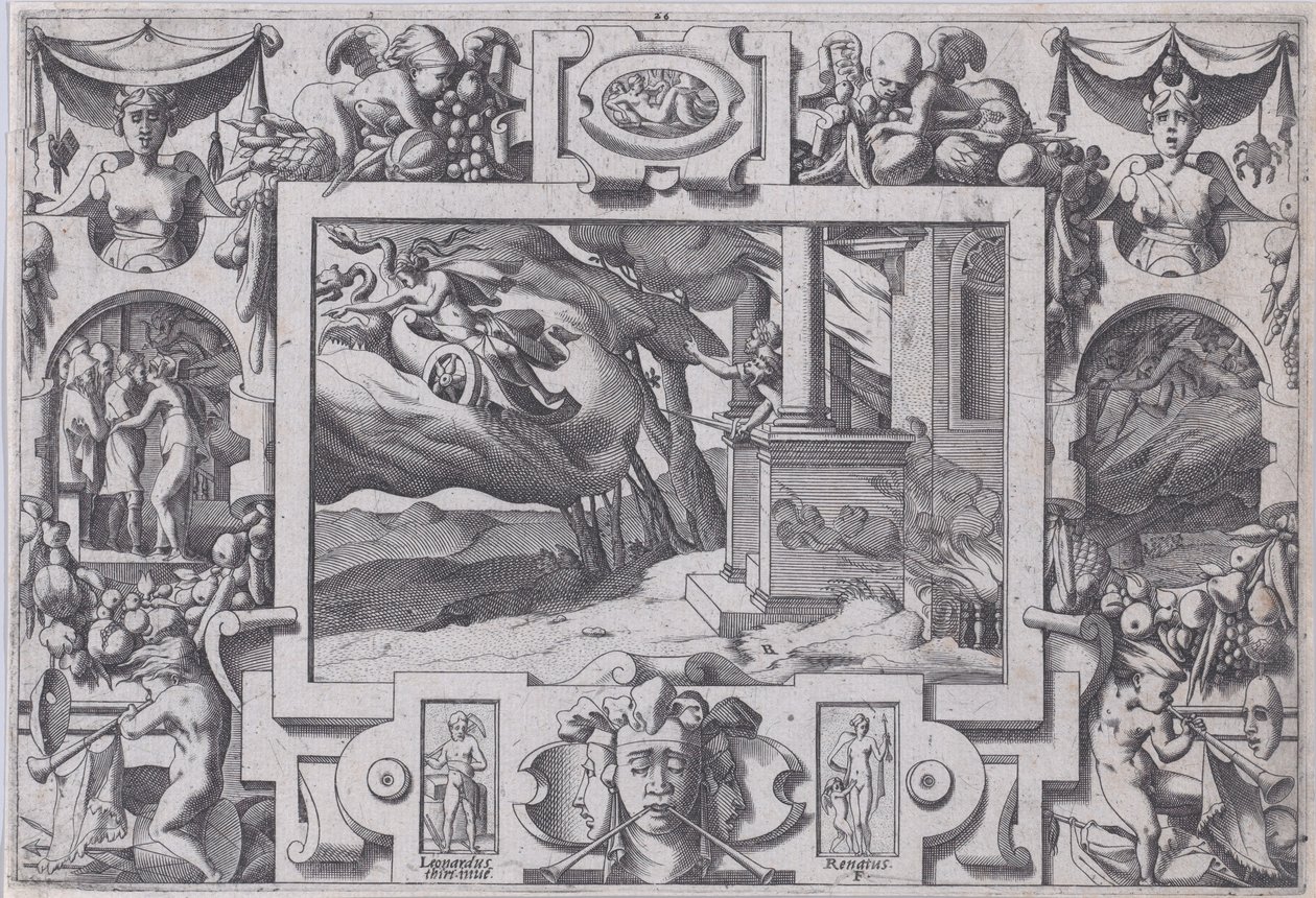 Medea pakenee Jasonia Lyhytkätinen miekka Jason jahtaa häntä, mutta ei voi elää..., 1563. tekijältä Rene Boyvin