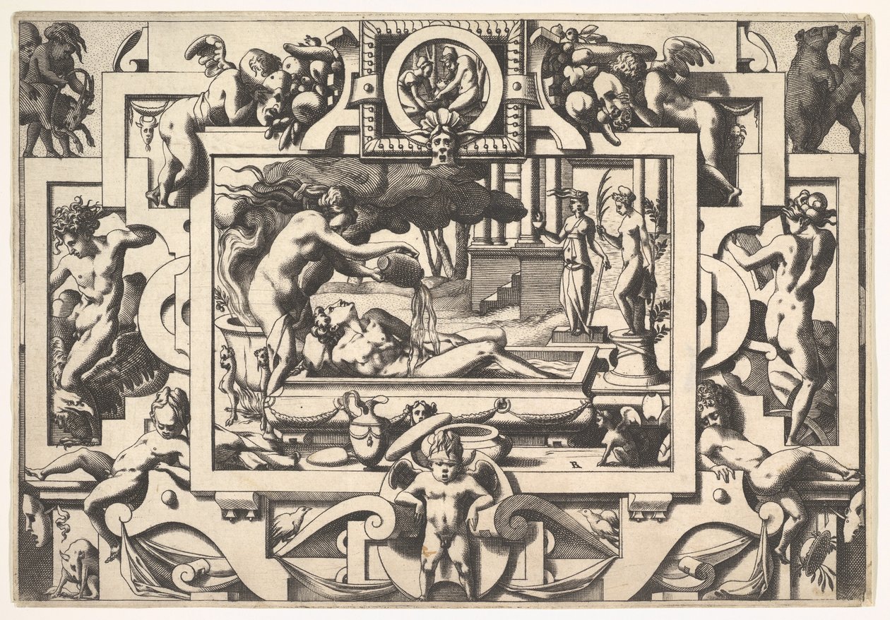 Medea kaataa taikajuoman Jason King Aesonin päälle, niin rappeutuneena ja rappeutuneena, altaassa, jossa hän..., 1563. tekijältä Rene Boyvin