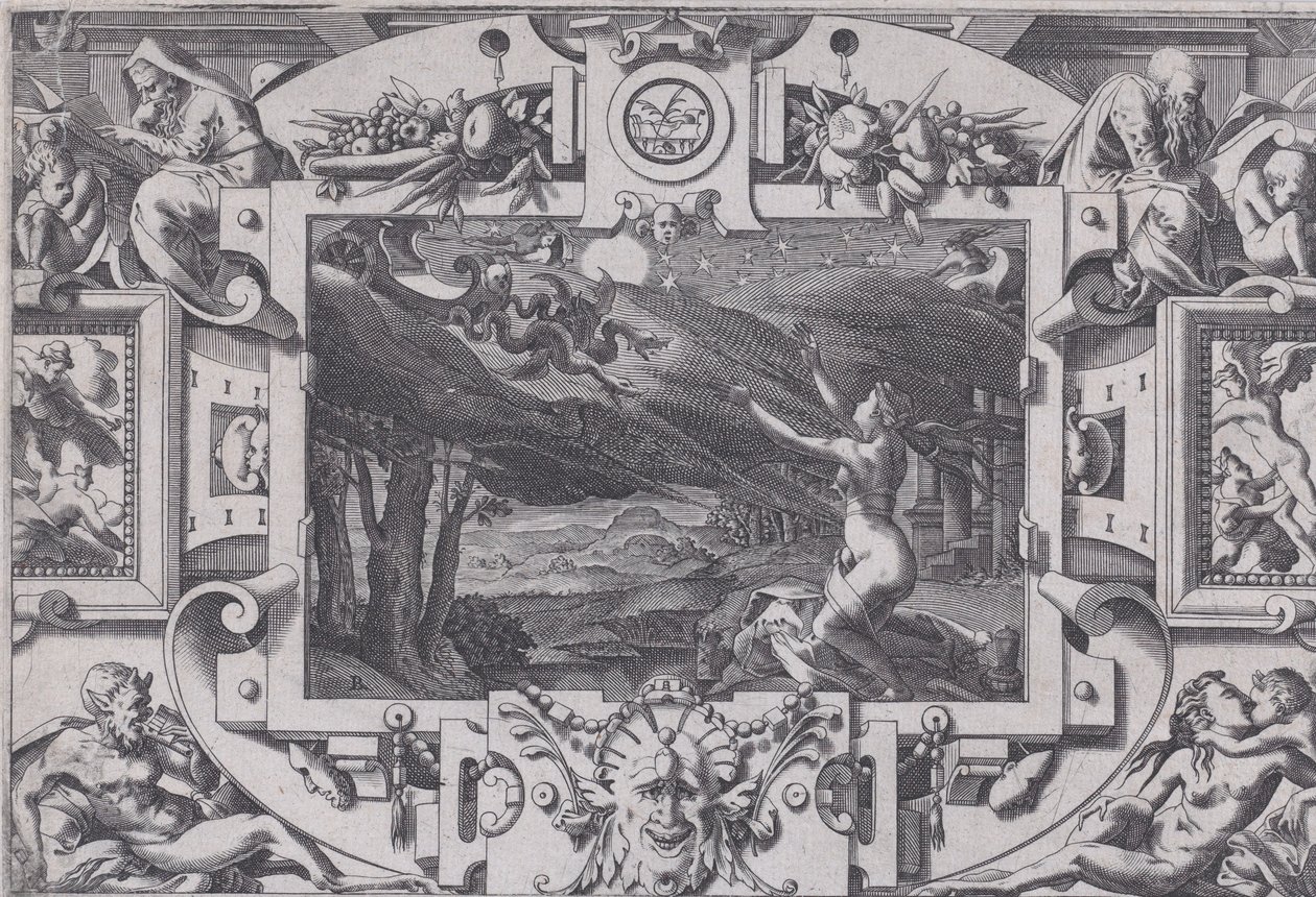 Lohikäärmeiden piirtämä Medea ja hänen vaununsa epäsiisti ja alasti pimeänä yönä, autiossa paikassa..., 1563. tekijältä Rene Boyvin