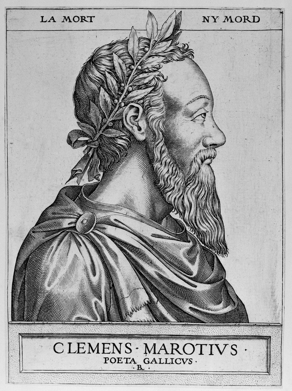 Clement des Maretsin muotokuva nimeltä Marot (1496-1544), ranskalainen runoilija - Rene Boyvinin Clement Marotius poeta gallicus -kaiverrus 1576 - tekijältä Rene Boyvin
