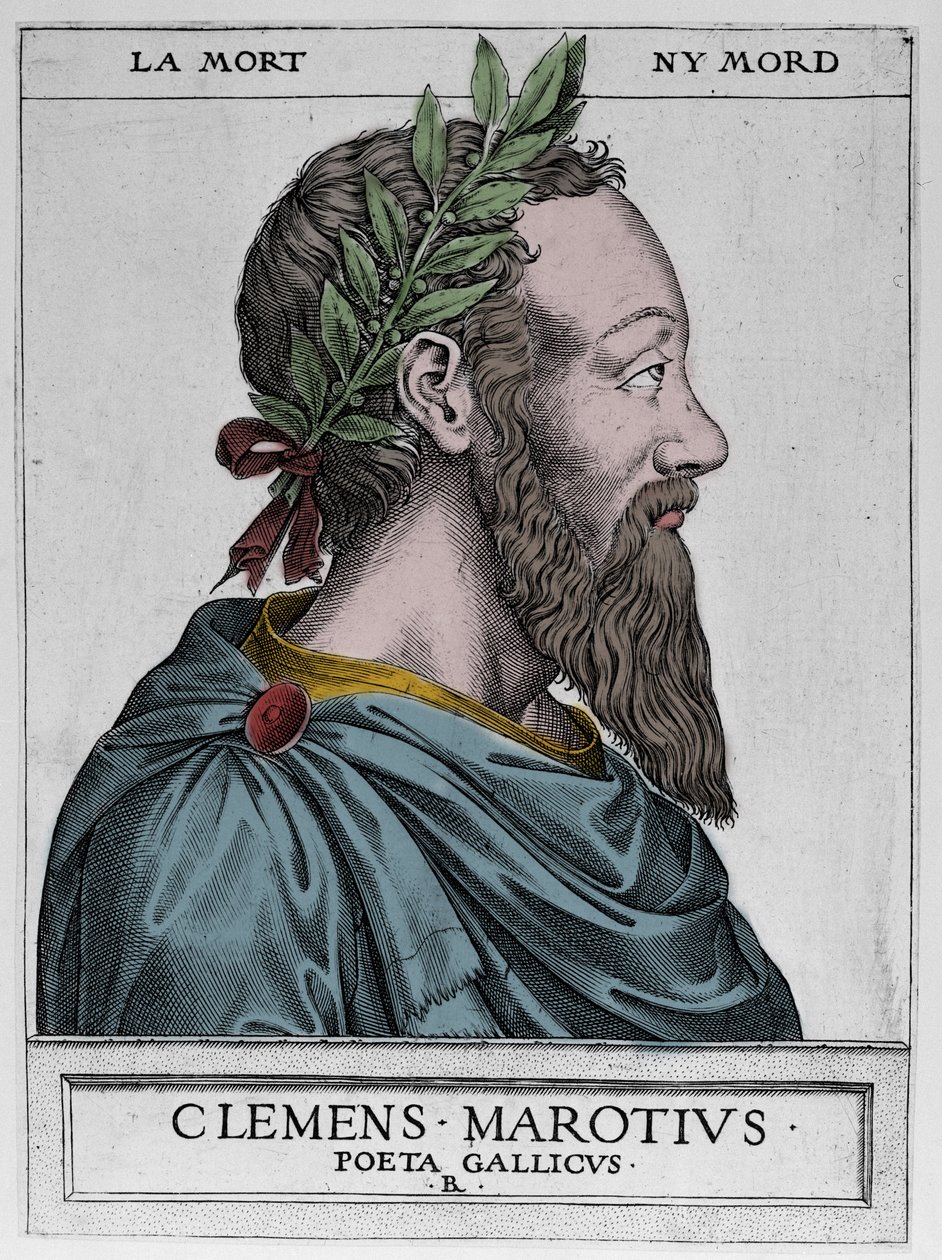 Clement des Maretsin muotokuva nimeltä Marot (1496-1544), ranskalainen runoilija - Clement Marotiuksen gallilainen runoilija, Rene Boyvinin kaiverrus 1576 - tekijältä Rene Boyvin