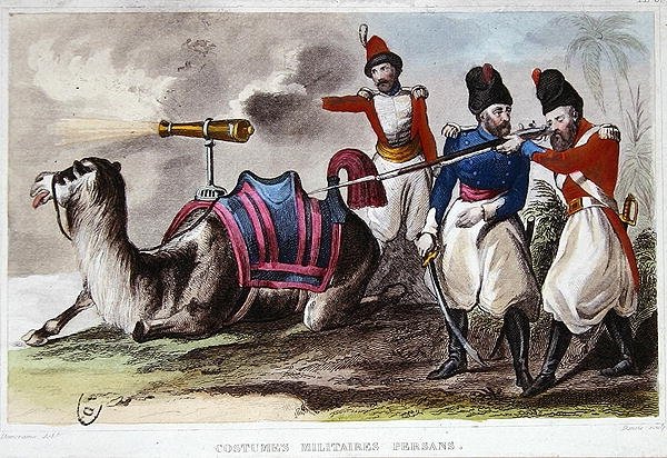 1800-luvun persialaiset sotilasasut ja kameli, jossa on tykki, n. 1840 (värilitho) tekijältä Rene Demoraine