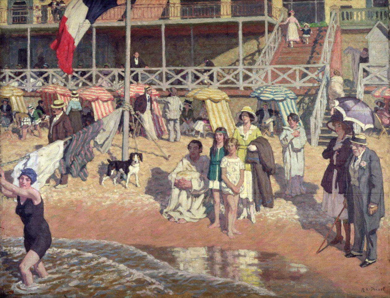 Uimarit Grand Hotelin edessä, Cabourg, n. 1920 (öljy paneelille) tekijältä René François Xavier Prinet