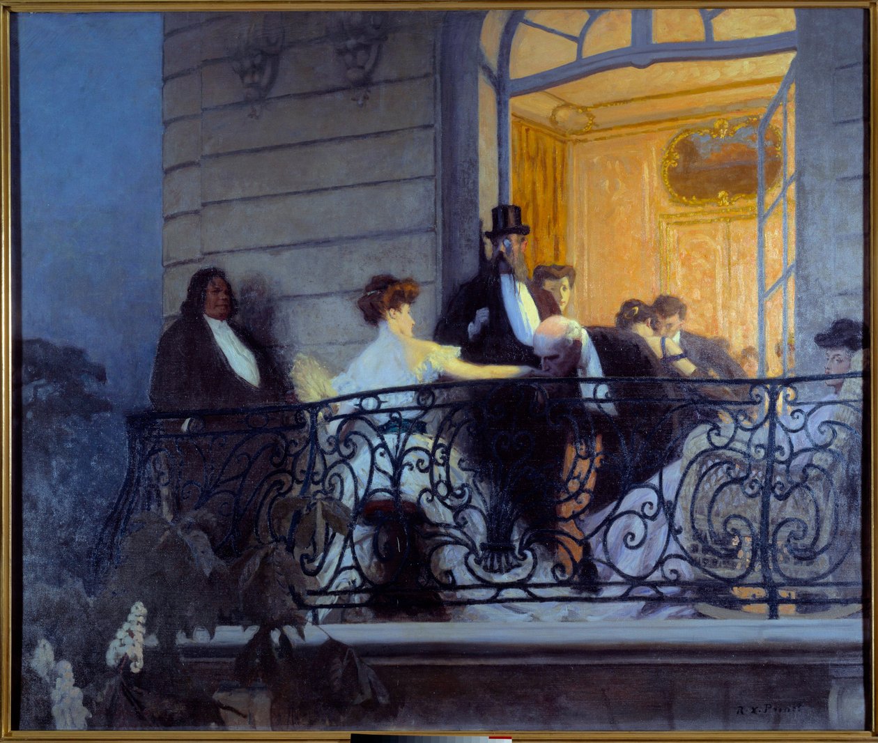 Belle Epoque: “” Parveke”” Sosiaalinen ilta, mies harrastaa käsiseksiä emännän kanssa. Rene Prinet (1861-1946) maalaus 1900 Sun. 1,86 x 1,56 m Caen, Musee des Beaux Arts tekijältä René François Xavier Prinet
