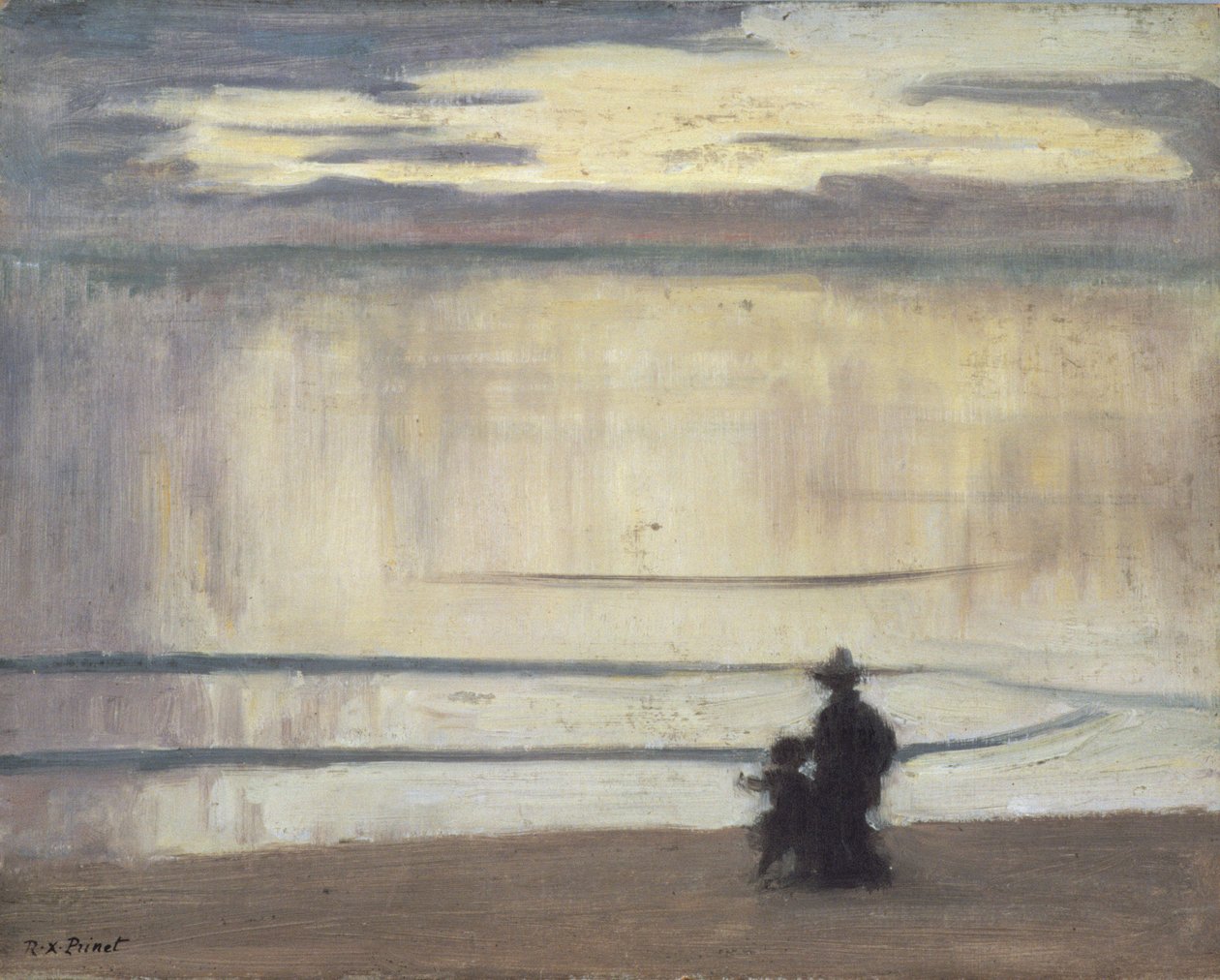 Koiran ja suden välillä, n. 1910 (öljy paneelissa) tekijältä René François Xavier Prinet