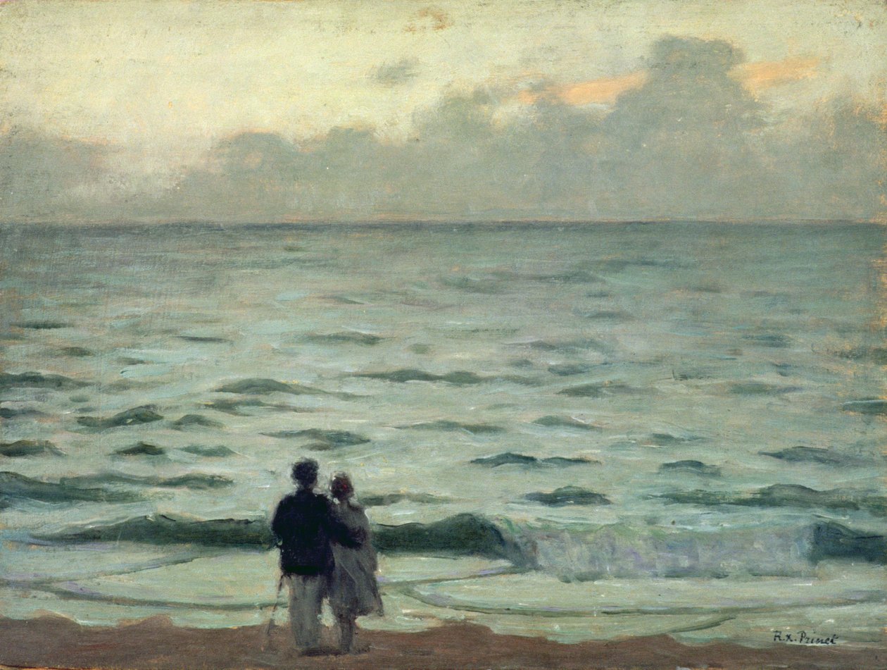Tuulenpuuska, auringonlasku Cabourgissa, n. 1937 (öljy paneelissa) tekijältä René François Xavier Prinet