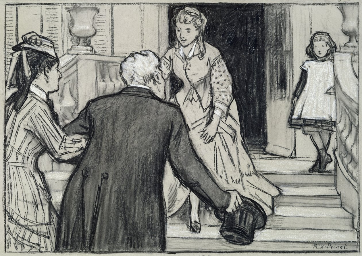 Vierailu, kuvitus Rene Boylesven La Jeune Fille Bien Eleveestä (mustavalkoisia liituja paperilla) tekijältä René François Xavier Prinet