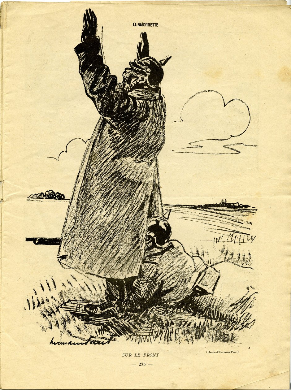 Sotarintamalla yksi saksalainen sotilas teeskentelee antautuvansa, kun taas toinen käyttää sitä hyväkseen ampuakseen takkinsa alle tekijältä Rene George Hermann Paul