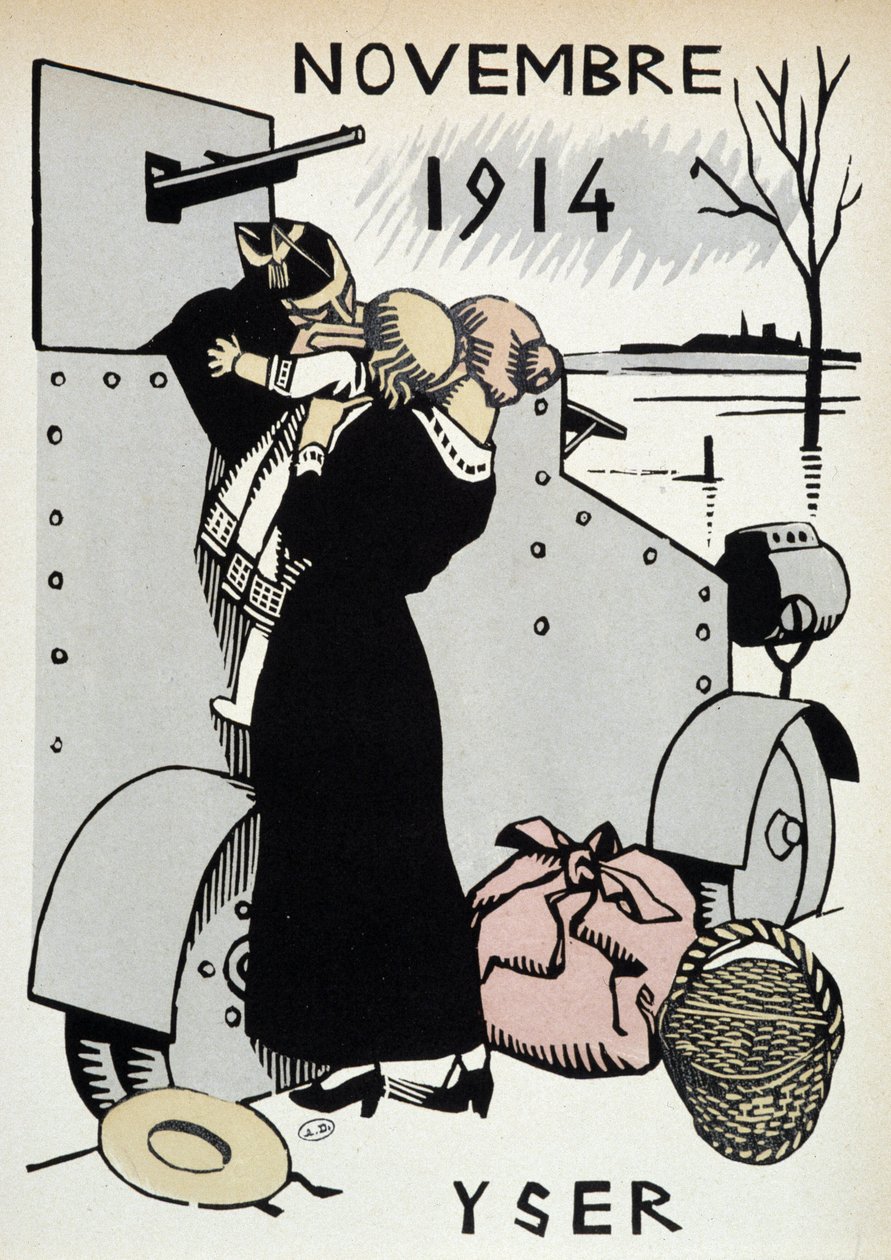 Marraskuu 1914: Yser, joukkojen lähtö - kirjassa "" Calendar of War", piirros Herman-Paul, toim. 1916 tekijältä Rene George Hermann Paul