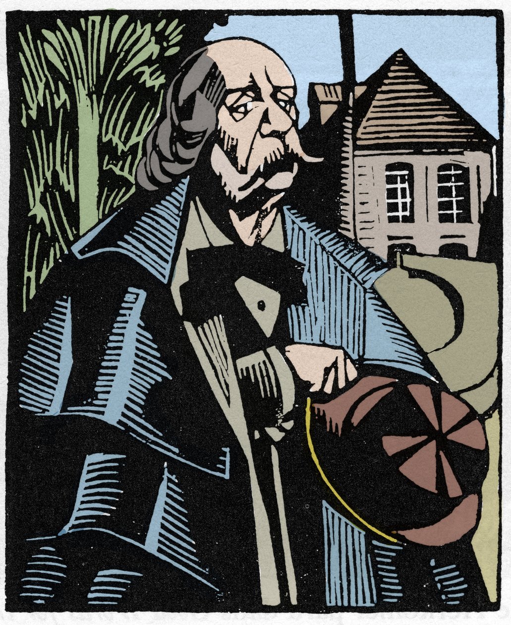 Gustave Flaubertin (1821-1880) muotokuva. Puukaiverrus Hermann-Paul (Hermann Paul) (1874-1940) Louis Bertrandin kirjaan "Flaubert a Paris or Le Mort Vivant". tekijältä Rene George Hermann Paul