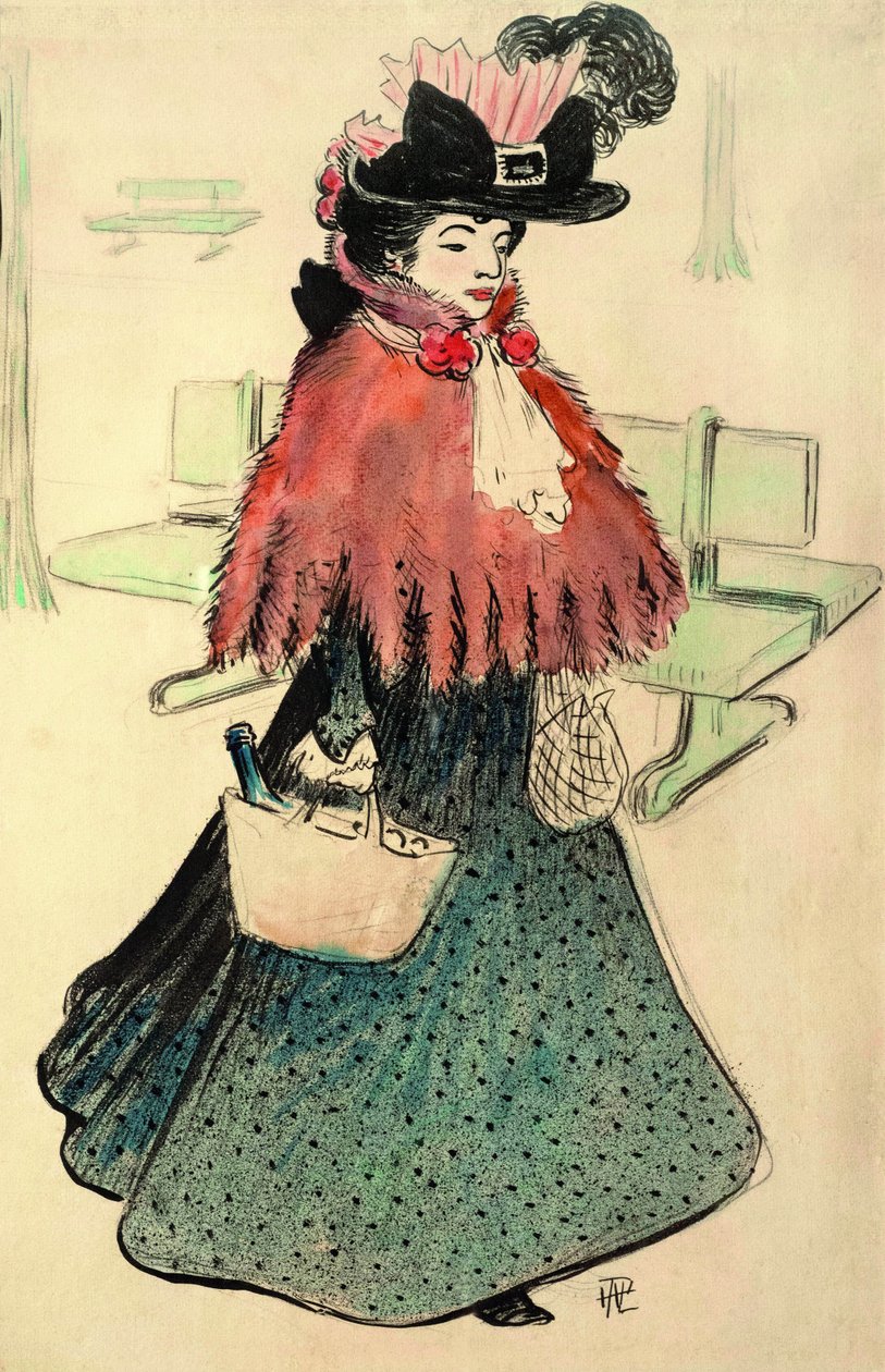 Kaunis juutalainen menee ostoksille. Le Rire -lehti, 1896. tekijältä Rene Georges Hermann Paul