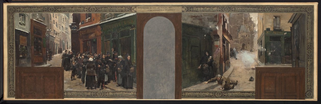 Luonnos Pariisin kaupungintalon prefektin toimistoa varten: Mont Sainte-Genevièven pommitus. Väestön säännöstely tekijältä Rene Joseph Gilbert