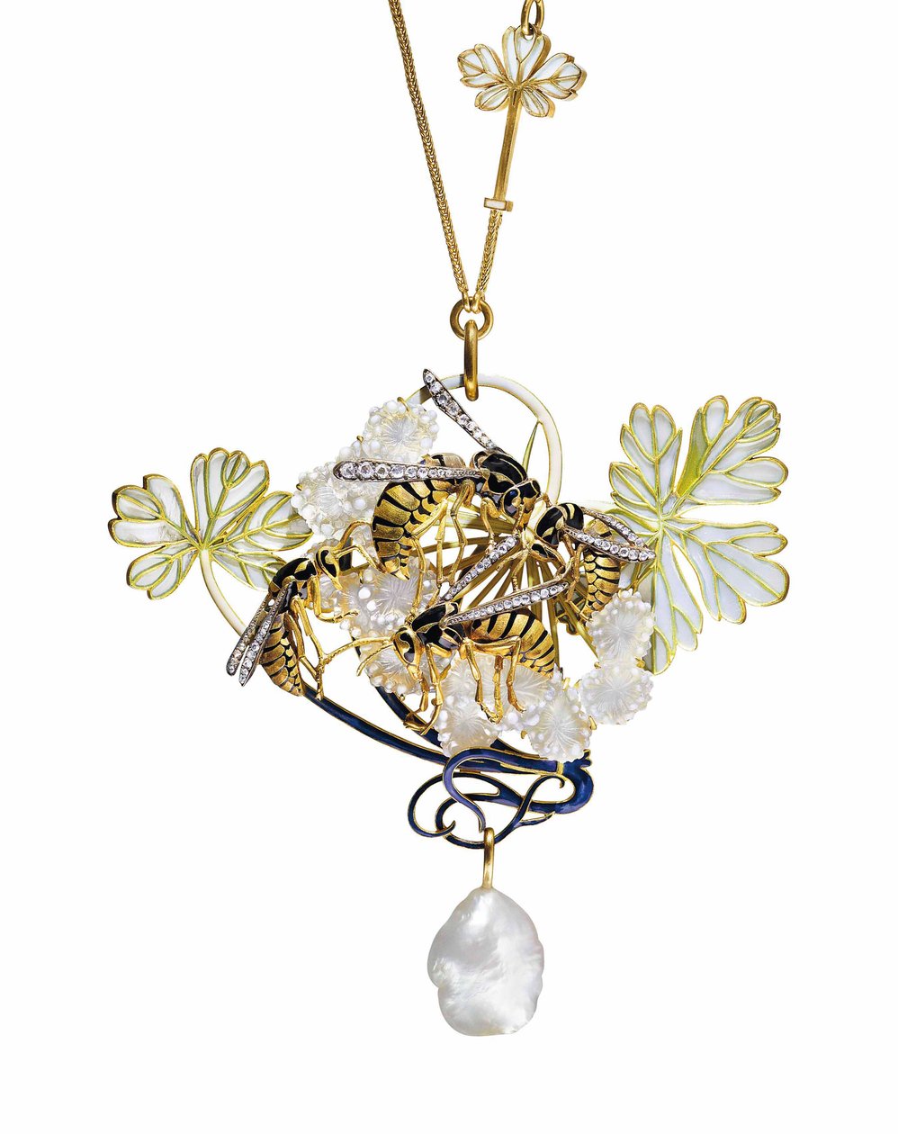Art Nouveau emali-, timantti- ja helmiriipuskaulakoru tekijältä Rene Jules Lalique