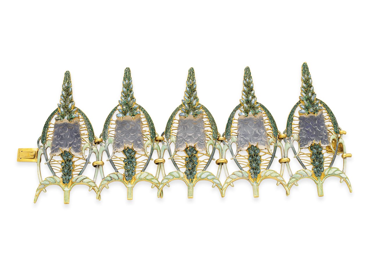 Art nouveau "Speedwell" rannekoru, n. 1900 (lasia, emalia ja kultaa) tekijältä Rene Jules Lalique
