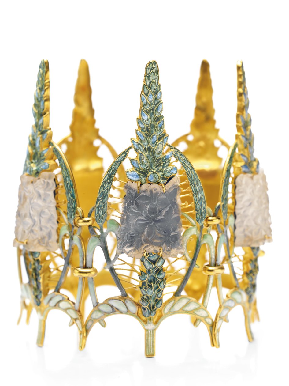 Art nouveau "Speedwell" rannekoru, n. 1900 (lasia, emalia ja kultaa) tekijältä Rene Jules Lalique