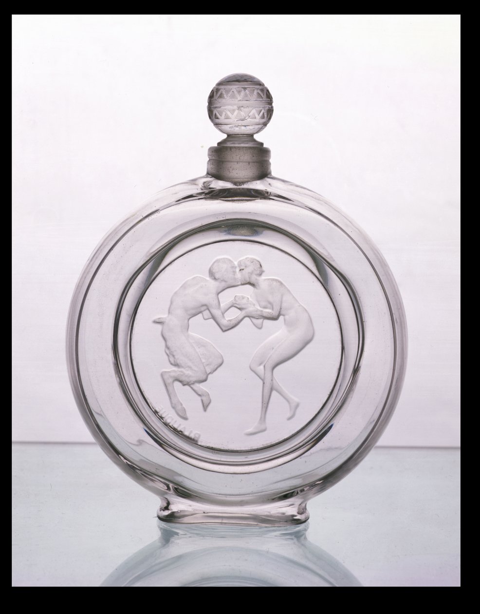 Le Baiser du Faune, kirkas lasinen tuoksupullo Molinardille, Lalique, kirkas lasi. tekijältä Rene Jules Lalique