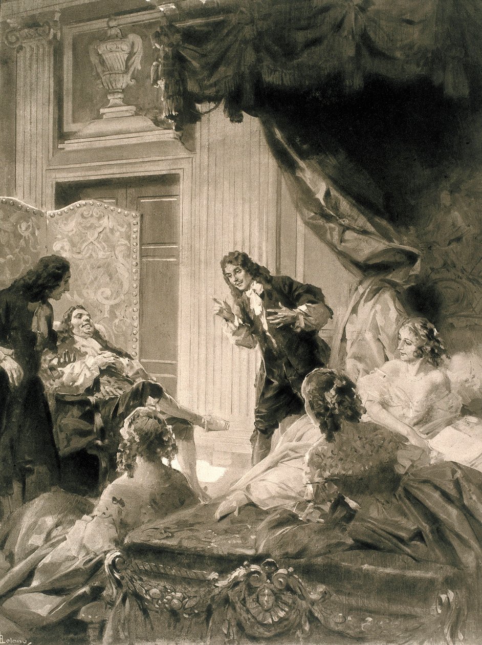 Kohtaus Jean Baptiste Poquelin dit MOLIERE (1622-1673) näytelmästä "Le Malade Imaginaire", 1800-luvun loppu - 1900-luvun alku (maalaus) tekijältä Rene Lelong