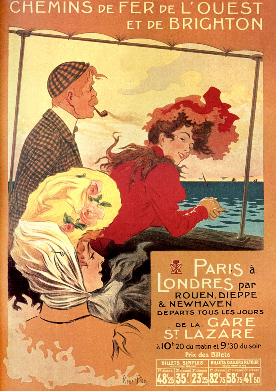 Rene Peanin Westin ja Brightonin rautatieyhtiön mainosjuliste Pariisin Lontoon linjalle Rouenin, Dieppen ja Newhavenin kautta, 1800-luvun loppu tekijältä Rene Pean