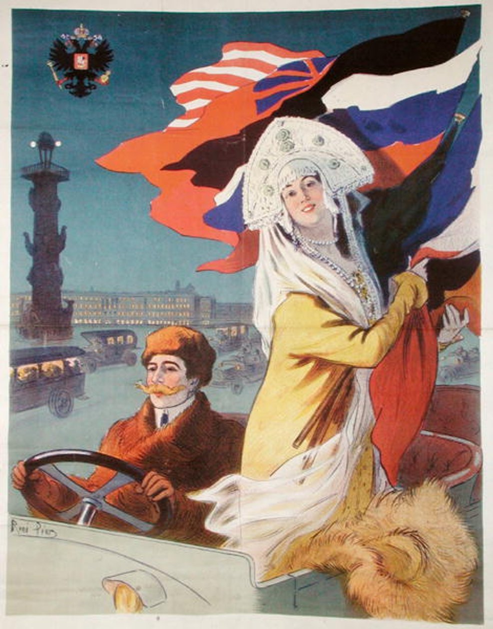 Pariskunta autossa Pietarissa, juliste, joka mainostaa Venäjän markkinoille tarkoitettua ranskalaista autoa, n. 1912 (väri litho) tekijältä Rene Pean