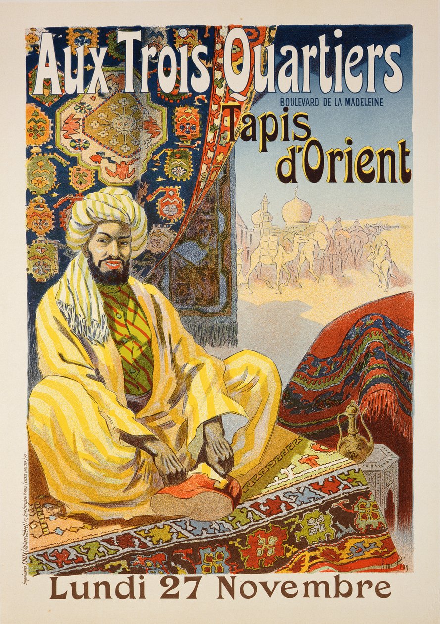 Jäljennös julisteesta, joka mainostaa "Oriental Carpets" -julistetta, joka oli esillä Aux Trois Quartiersissa, 1899 tekijältä Rene Pean