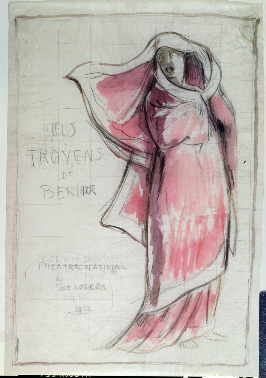 Suunnittelu Les Troyensia (Troijalaiset) mainostavalle julisteelle, jonka on säveltänyt Hector Berlioz (1803-69) Opera de Parisin esitykseen vuonna 1921 (kynä ja wc paperilla) tekijältä Rene Piot
