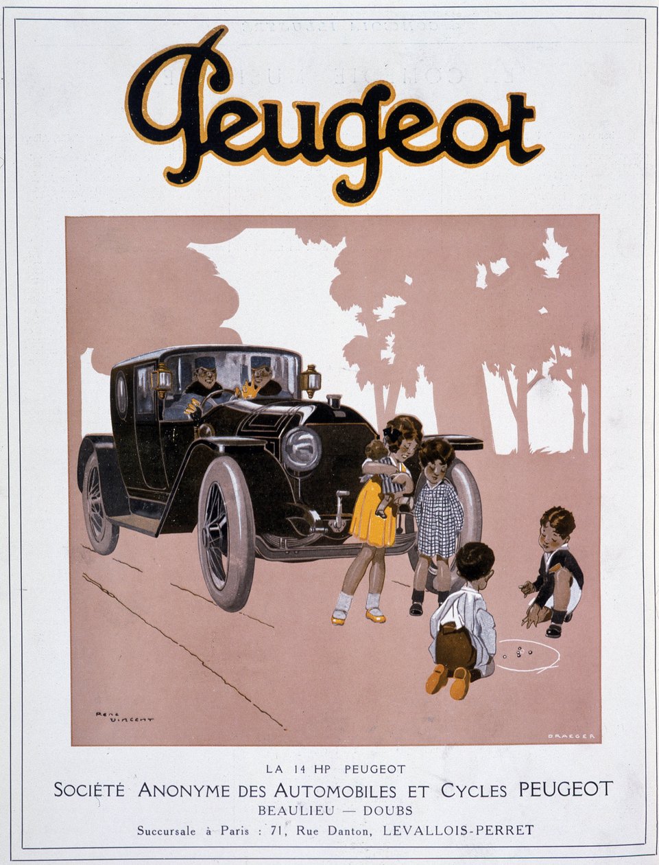 Peugeotin "" The 14 HP Peugeot"" mainonta "" Comoedia illustrious"" -julkaisussa 20. joulukuuta tekijältä Rene Vincent