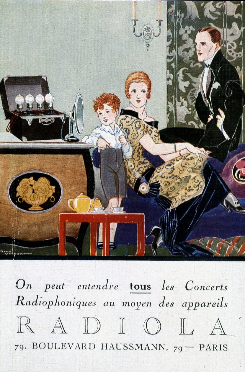 Radio Radio Radio Advertising Postcard (TSF): "" Kaikki radiokonsertit ovat kuultavissa Radiola-laitteilla. sd. noin 1919. Kuvitus Rene Vincent, eli Rene Mael (1879-1936). tekijältä Rene Vincent